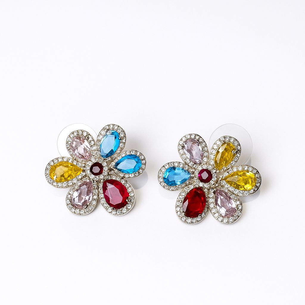 Aretes Flor de Cristal (dorado plateado y multicolor)